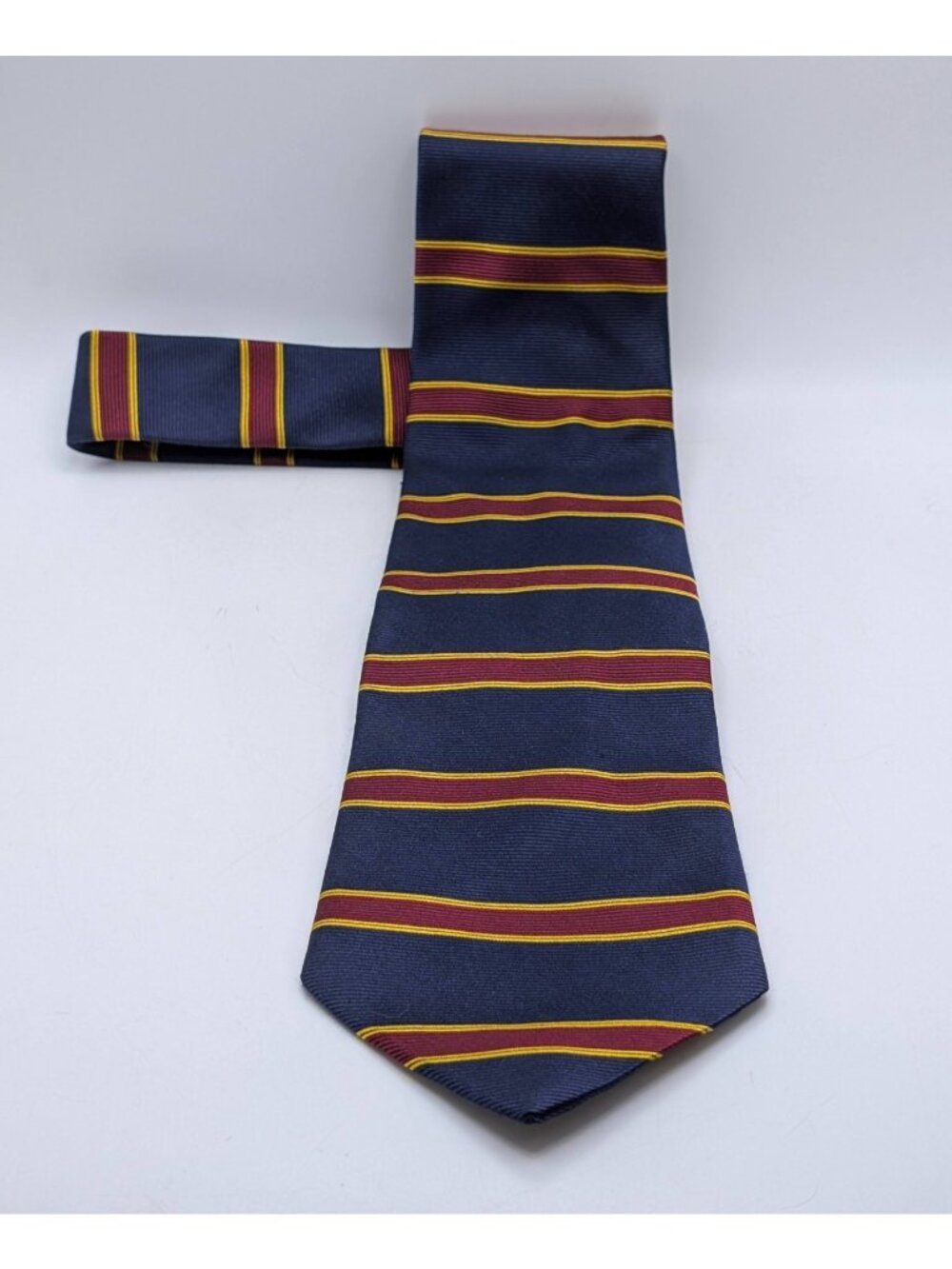 Brooks Brothers Makers Silk Stripe Neck Tie Navy Blue Gold Red USA Made Classic